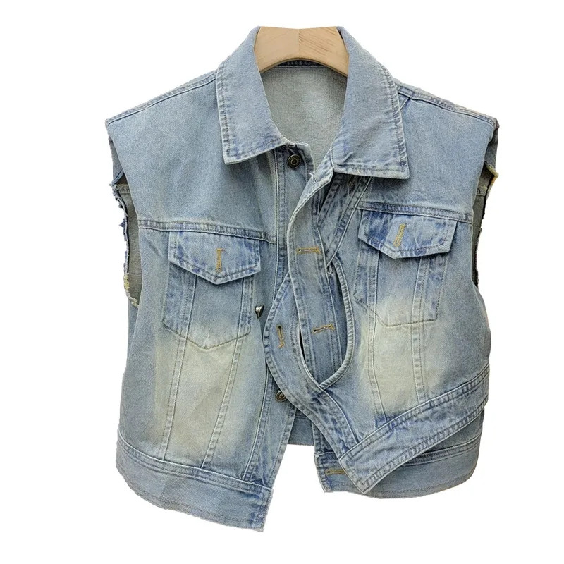 Vestă de blugi vintage Harajuku Y2k, jachetă fără mâneci de modă coreeană, tancuri pentru femei, îmbrăcăminte de stradă, vestă cu noduri, cardigan, crop top