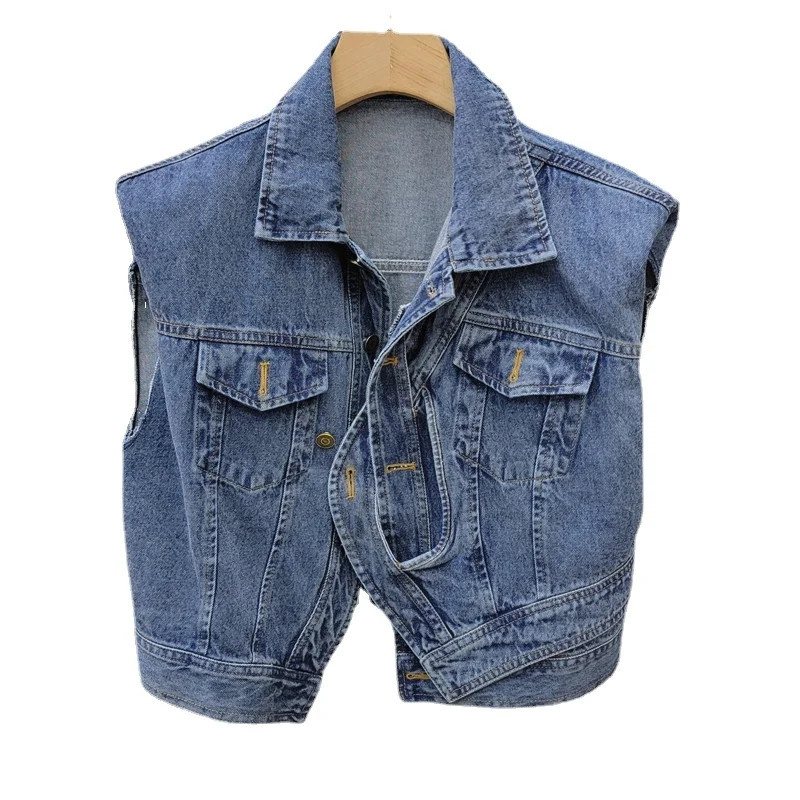 Vestă de blugi vintage Harajuku Y2k, jachetă fără mâneci de modă coreeană, tancuri pentru femei, îmbrăcăminte de stradă, vestă cu noduri, cardigan, crop top