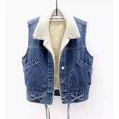 Νέο χειμωνιάτικο μαλλί αρνί Παχύ τζιν γιλέκο Γυναικείο αμάνικο παλτό με επένδυση από γούνα Ζεστό γιλέκο κορεατικής μόδας Φαρδιά μπουφάν