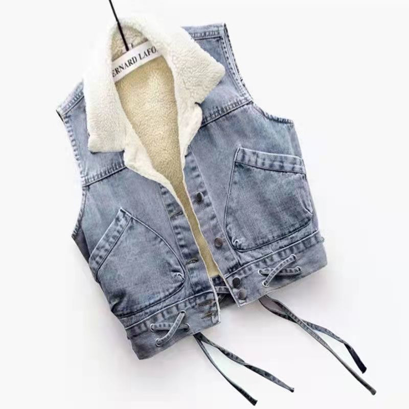 Νέο χειμωνιάτικο μαλλί αρνί Παχύ τζιν γιλέκο Γυναικείο αμάνικο παλτό με επένδυση από γούνα Ζεστό γιλέκο κορεατικής μόδας Φαρδιά μπουφάν