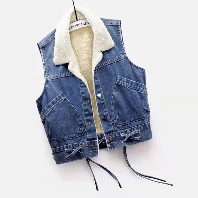 Νέο χειμωνιάτικο μαλλί αρνί Παχύ τζιν γιλέκο Γυναικείο αμάνικο παλτό με επένδυση από γούνα Ζεστό γιλέκο κορεατικής μόδας Φαρδιά μπουφάν