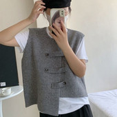 Vintage πλεκτά γιλέκα Γυναικεία πουλόβερ με κουμπί Αμάνικο μπουφάν πλεκτό γιλέκο Κορεατικό κομψό τανκ τοπ Y2k Streetwear O-neck Solid