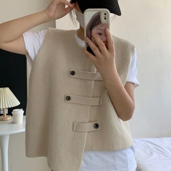 Vintage πλεκτά γιλέκα Γυναικεία πουλόβερ με κουμπί Αμάνικο μπουφάν πλεκτό γιλέκο Κορεατικό κομψό τανκ τοπ Y2k Streetwear O-neck Solid