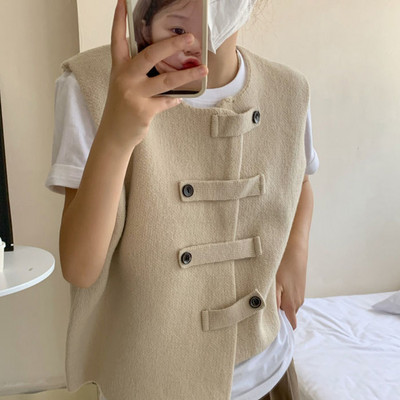 Vintage πλεκτά γιλέκα Γυναικεία πουλόβερ με κουμπί Αμάνικο μπουφάν πλεκτό γιλέκο Κορεατικό κομψό τανκ τοπ Y2k Streetwear O-neck Solid
