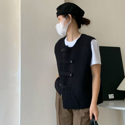Vintage πλεκτά γιλέκα Γυναικεία πουλόβερ με κουμπί Αμάνικο μπουφάν πλεκτό γιλέκο Κορεατικό κομψό τανκ τοπ Y2k Streetwear O-neck Solid