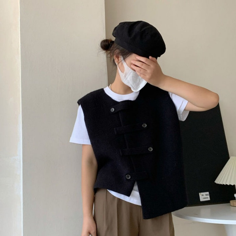 Vintage πλεκτά γιλέκα Γυναικεία πουλόβερ με κουμπί Αμάνικο μπουφάν πλεκτό γιλέκο Κορεατικό κομψό τανκ τοπ Y2k Streetwear O-neck Solid