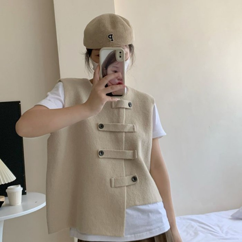 Vintage πλεκτά γιλέκα Γυναικεία πουλόβερ με κουμπί Αμάνικο μπουφάν πλεκτό γιλέκο Κορεατικό κομψό τανκ τοπ Y2k Streetwear O-neck Solid