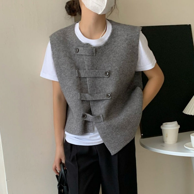 Vintage πλεκτά γιλέκα Γυναικεία πουλόβερ με κουμπί Αμάνικο μπουφάν πλεκτό γιλέκο Κορεατικό κομψό τανκ τοπ Y2k Streetwear O-neck Solid