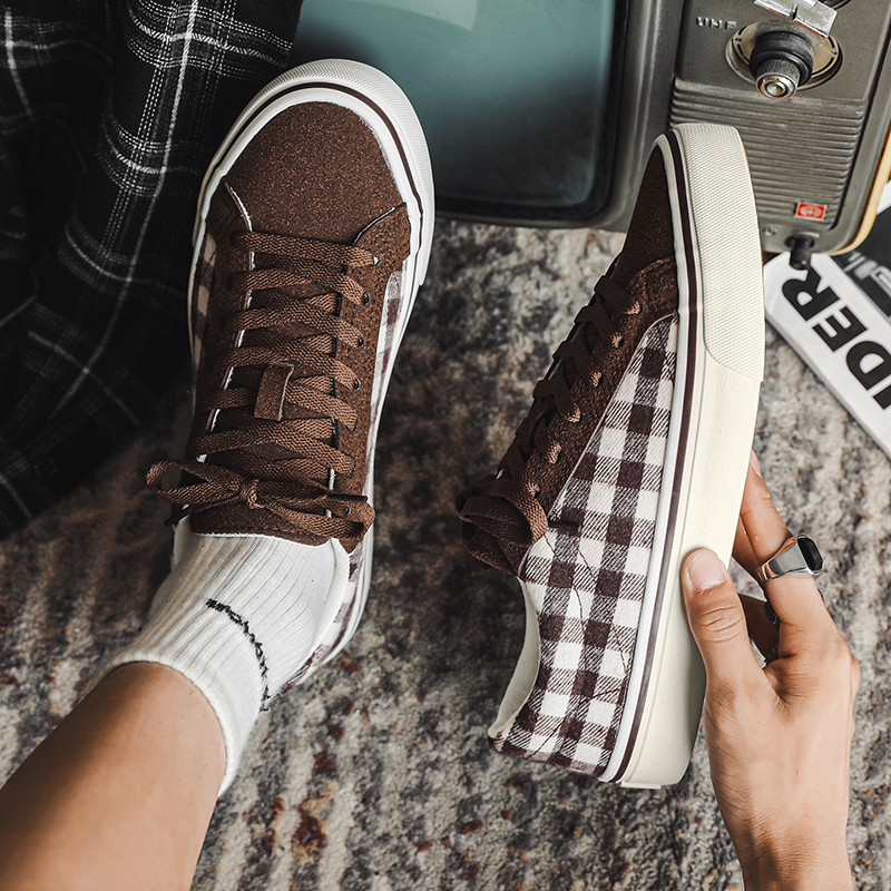 Jesenné nové šnurovacie párové trendy v kórejskej verzii, retro priedušné ležérne kockované pánske topánky, skateboardové topánky s výklenkom