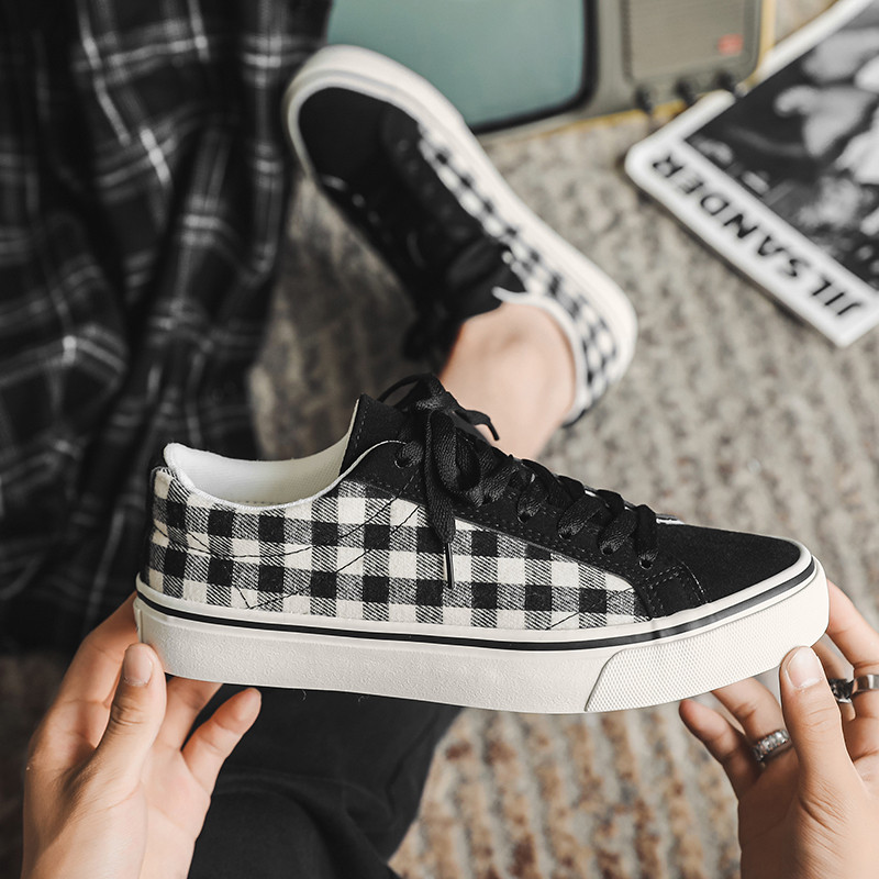 Jesenné nové šnurovacie párové trendy v kórejskej verzii, retro priedušné ležérne kockované pánske topánky, skateboardové topánky s výklenkom