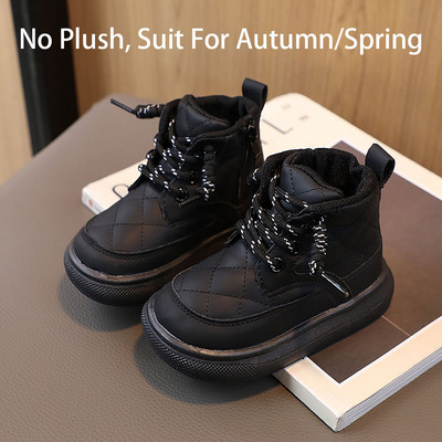 2023 Trendové módne zimné martinské čižmy pre dievčatá v kórejskom štýle, kockované PU kožené snehové čižmy, hrubé teplé plyšové ležérne topánky pre deti