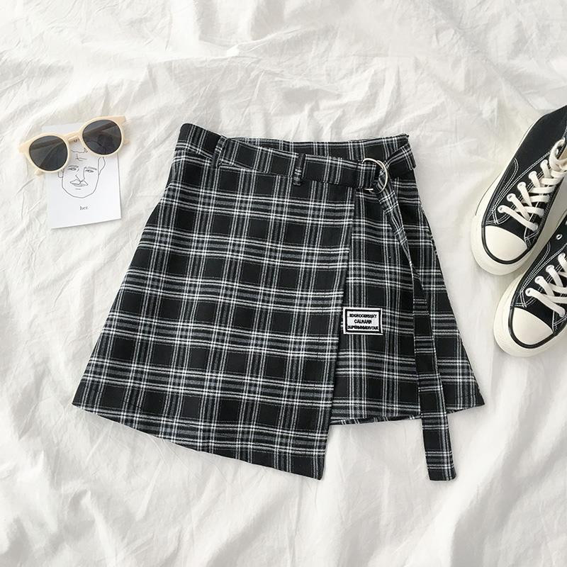 Fuste în carouri Femei Vară Dulci Asimetric Stil Preppy Tender Elegant Lady Versiune coreeană Talie înaltă All-match Leisure Chic