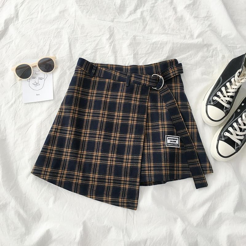 Fuste în carouri Femei Vară Dulci Asimetric Stil Preppy Tender Elegant Lady Versiune coreeană Talie înaltă All-match Leisure Chic