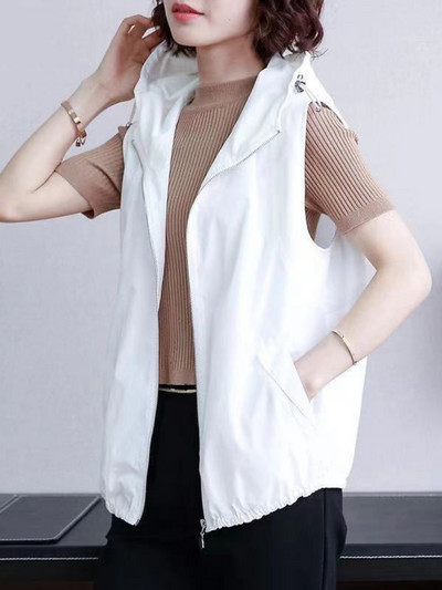 Vintage υπερμεγέθη γιλέκο με κουκούλα Γυναικεία κουκούλα με κουκούλα αμάνικη ζακέτα με φερμουάρ Κορεατική μόδα άνοιξη/καλοκαίρι μπλούζες Casual