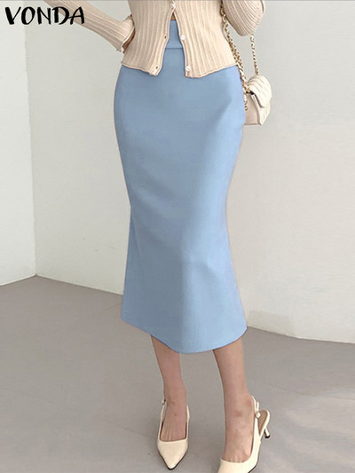VONDA Fuste elegante pentru femei OL Office 2023 Moda de vară cu talie înaltă Fusta midi de culoare solidă cu șold, fund subțire Feminina