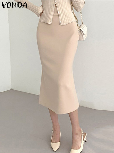VONDA Fuste elegante pentru femei OL Office 2023 Moda de vară cu talie înaltă Fusta midi de culoare solidă cu șold, fund subțire Feminina