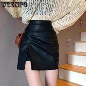 Fusta din piele PU plisată cu fărâmițare Fusta scurtă cu linie A pentru femei Pure Desire American Spicy Girl Moda coreeană cu talie înaltă