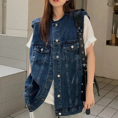 Luxusná vintage džínsová vesta pre ženy, streetwear, bezrukávová bunda, kardigan, jar, jeseň, top, kórejská móda, vrecká, gombíky, voľné