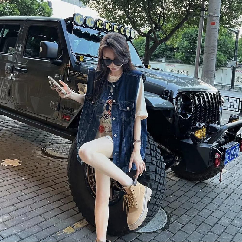 Luxusná vintage džínsová vesta pre ženy, streetwear, bezrukávová bunda, kardigan, jar, jeseň, top, kórejská móda, vrecká, gombíky, voľné