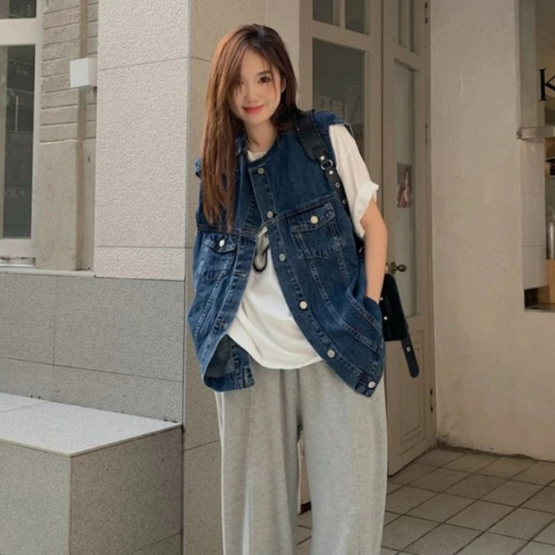 Luxusná vintage džínsová vesta pre ženy, streetwear, bezrukávová bunda, kardigan, jar, jeseň, top, kórejská móda, vrecká, gombíky, voľné