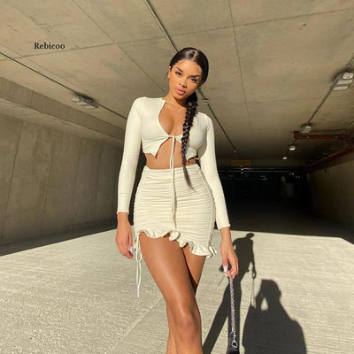 Ženski kompleti s volanima s naborima i uzicom Klubski odgovarajući setovi s dugim rukavima, seksi majice s V izrezom i suknje od 2 komada za zabave