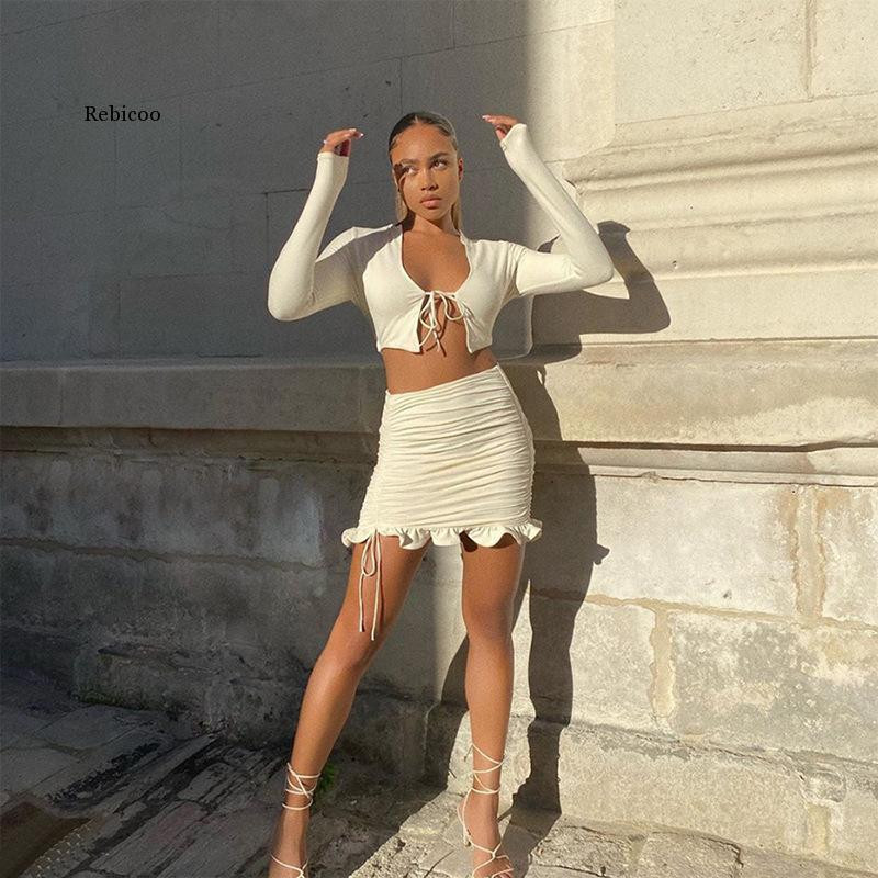 Ženski kompleti s volanima s naborima i uzicom Klubski odgovarajući setovi s dugim rukavima, seksi majice s V izrezom i suknje od 2 komada za zabave