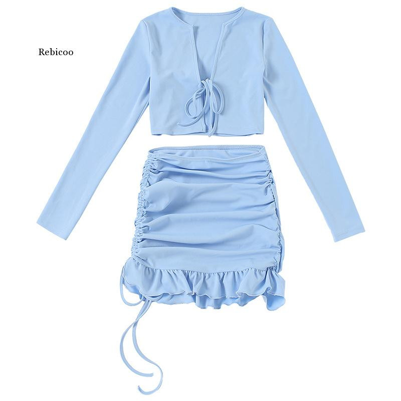 Ženski kompleti s volanima s naborima i uzicom Klubski odgovarajući setovi s dugim rukavima, seksi majice s V izrezom i suknje od 2 komada za zabave
