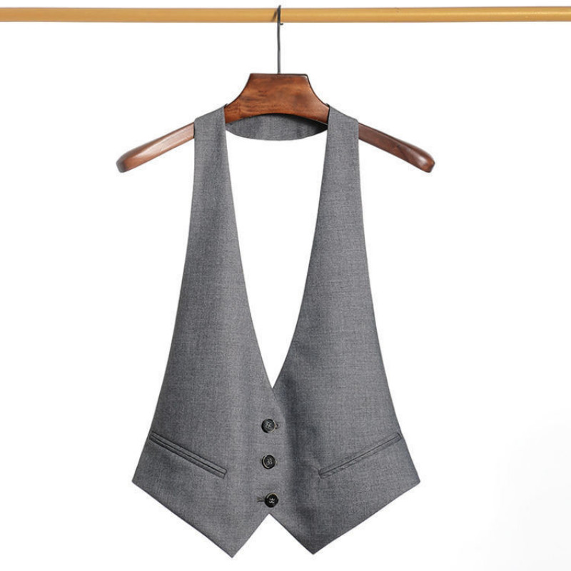 Novi prsluk s V-izrezom, jednoredno kopčanje, jakna bez rukava, kratka košulja bez leđa, odijelo, prsluk, ženske korejske modne kratke majice, ležerne jednobojne