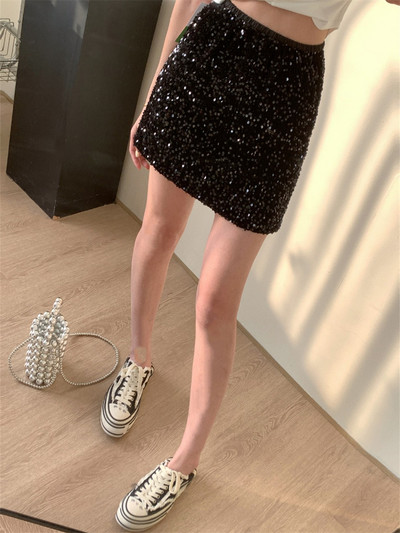 wsevypo Sjajne mini suknje sa šljokicama za žene Moda za djevojke Jednobojni elastični omotač oko struka Kratke pencil suknje Ulična odjeća Donji dio