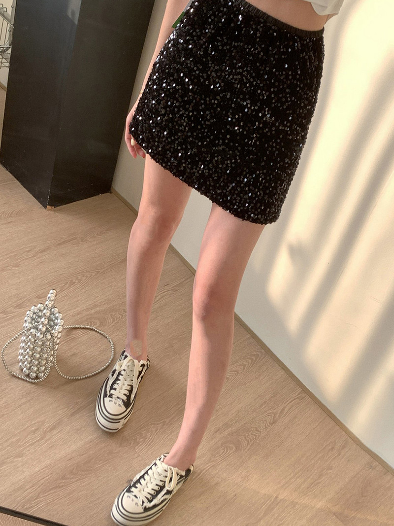 wsevypo Sjajne mini suknje sa šljokicama za žene Moda za djevojke Jednobojni elastični omotač oko struka Kratke pencil suknje Ulična odjeća Donji dio