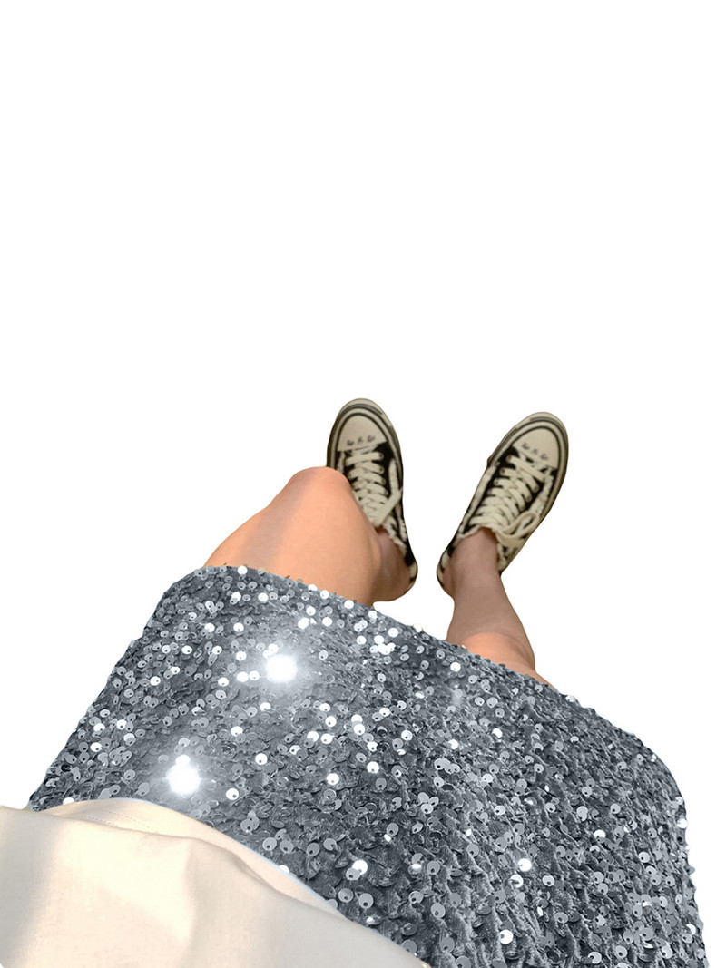 wsevypo Sjajne mini suknje sa šljokicama za žene Moda za djevojke Jednobojni elastični omotač oko struka Kratke pencil suknje Ulična odjeća Donji dio