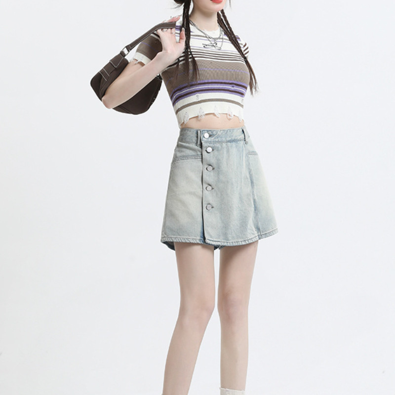 Μίνι γυναικείες φούστες καλοκαιρινές ακανόνιστες τζιν Y2k Vintage Washed Hotsweet τρυφερά μαθήτριες Μόδα ψηλόμεση ρούχα Κορεατικού στυλ