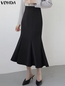 Ležerna duga suknja VONDA Elegantne ženske suknje s ribljim repom Ljeto 2023. Visoki struk s volanima, jednobojni patentni zatvarač, jednobojni donji dio