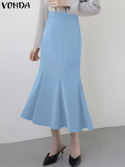 Ležerna duga suknja VONDA Elegantne ženske suknje s ribljim repom Ljeto 2023. Visoki struk s volanima, jednobojni patentni zatvarač, jednobojni donji dio