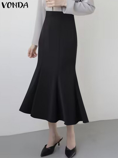 Ležerna duga suknja VONDA Elegantne ženske suknje s ribljim repom Ljeto 2023. Visoki struk s volanima, jednobojni patentni zatvarač, jednobojni donji dio