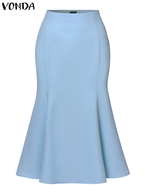 Ležerna duga suknja VONDA Elegantne ženske suknje s ribljim repom Ljeto 2023. Visoki struk s volanima, jednobojni patentni zatvarač, jednobojni donji dio