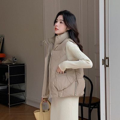 Φθινοπωρινό χειμερινό πουπουλένιο βαμβακερό γιλέκο Γυναικείο αμάνικο βαμβακερό σακάκι Κορεάτικο φερμουάρ από μασίφ πλαϊνά Φαρδύ χοντρό ζεστό γιλέκο