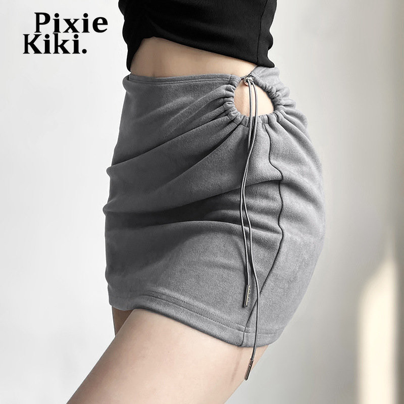 PixieKiki, bočná vyklenutá šnurovacia minisukňa, nová jar/leto 2023, sexi sukne, sivé dámske nohavice, rozmery P94-AG19