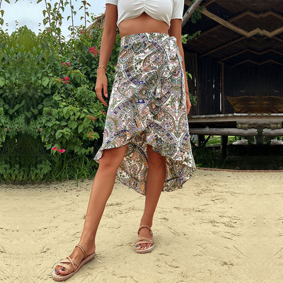 Ασύμμετρες Boho φούστες με στάμπα για γυναίκες 2023 Καλοκαίρι Κομψό ψηλόμεσο γυναικείο Sundress Σέξι παραλία πλισέ φούστα