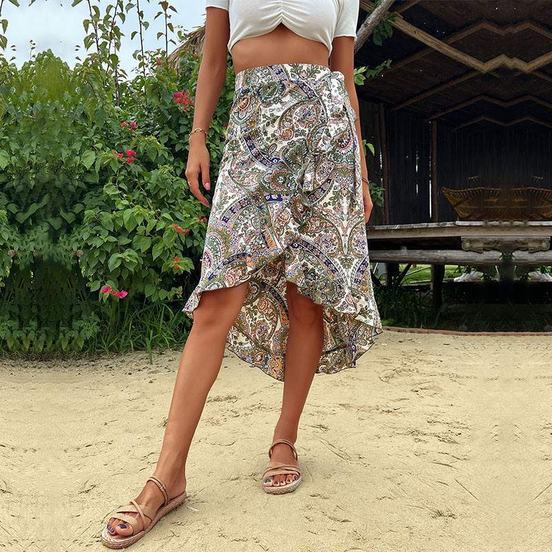 Ασύμμετρες Boho φούστες με στάμπα για γυναίκες 2023 Καλοκαίρι Κομψό ψηλόμεσο γυναικείο Sundress Σέξι παραλία πλισέ φούστα