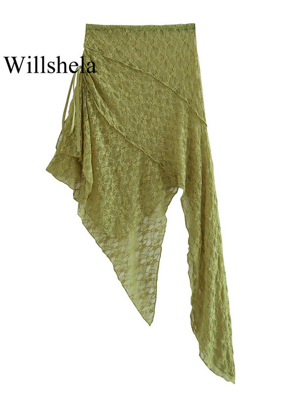 Willshela Moda Dantela Textura Verde Plisat Asimetrice Fusta Midi Vintage Talie Înaltă Elastică Femeie Chic Fuste Damă