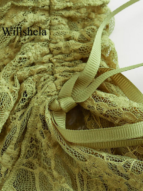 Willshela Moda Dantela Textura Verde Plisat Asimetrice Fusta Midi Vintage Talie Înaltă Elastică Femeie Chic Fuste Damă