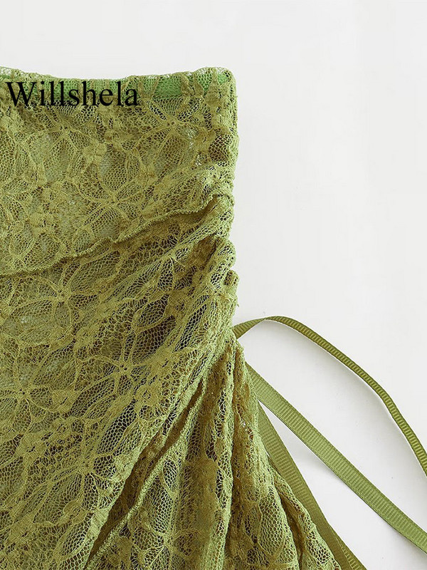 Willshela Moda Dantela Textura Verde Plisat Asimetrice Fusta Midi Vintage Talie Înaltă Elastică Femeie Chic Fuste Damă
