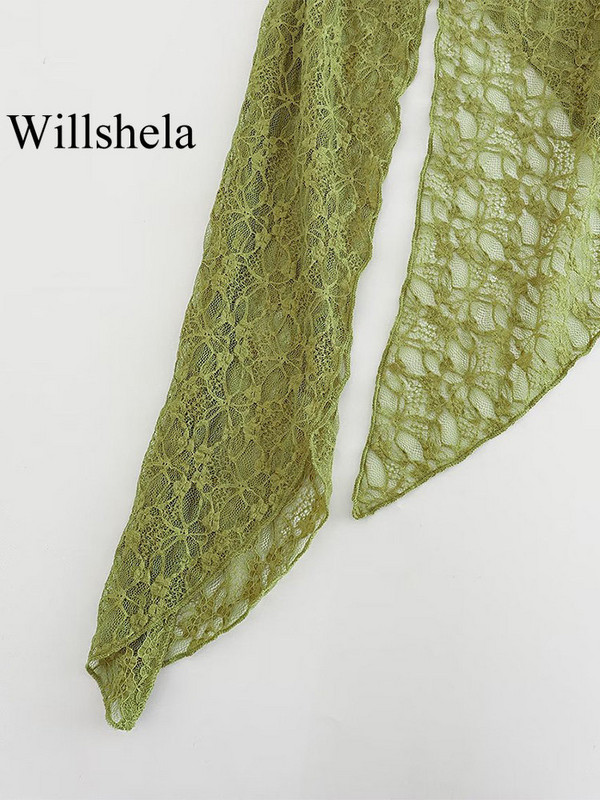 Willshela Moda Dantela Textura Verde Plisat Asimetrice Fusta Midi Vintage Talie Înaltă Elastică Femeie Chic Fuste Damă