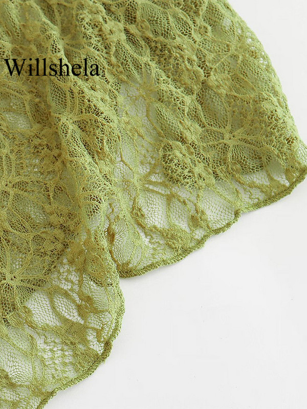Willshela Moda Dantela Textura Verde Plisat Asimetrice Fusta Midi Vintage Talie Înaltă Elastică Femeie Chic Fuste Damă