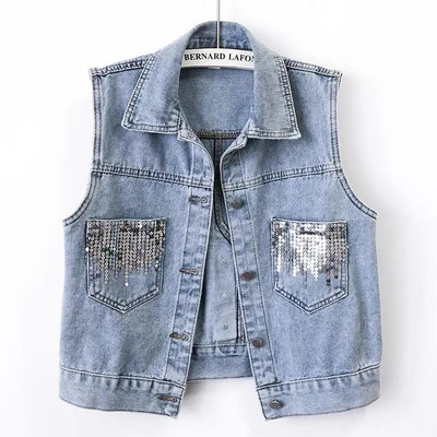 Vestă de blugi pentru femei, cu paiete noi, cardigan fără mâneci, topuri de modă coreeană, jachetă de toamnă vintage, vestă, ocazional, lejer