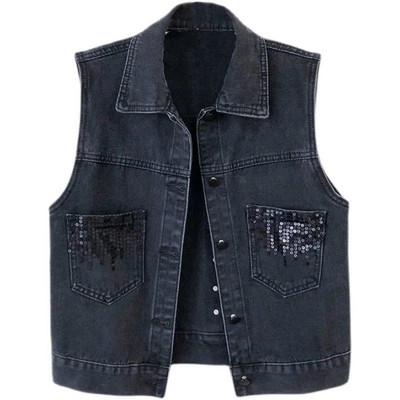 Vestă de blugi pentru femei, cu paiete noi, cardigan fără mâneci, topuri de modă coreeană, jachetă de toamnă vintage, vestă, ocazional, lejer