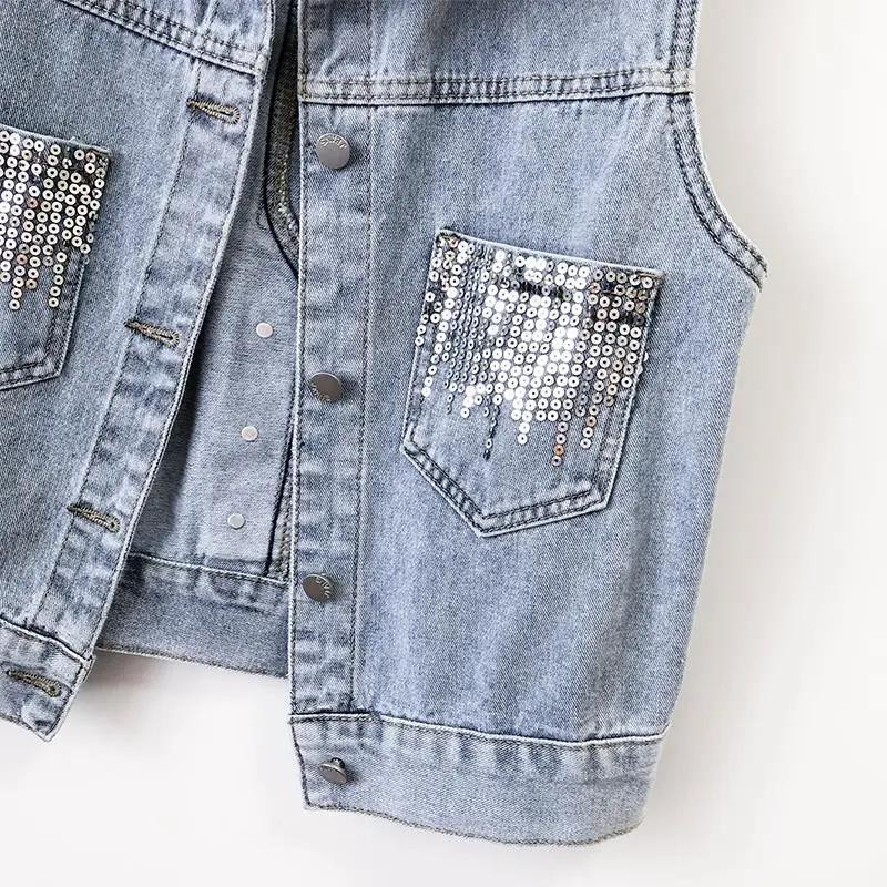 Novi ženski traper prsluk sa šljokicama Kardigan bez rukava Korejski modni gornji dijelovi Vintage jesenska jakna Prsluk Ženski ležerni široki