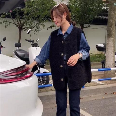 Faux Lambswool Γιλέκο Vintage Αμάνικο Ζακέτα Ανοιξιάτικο Φθινόπωρο Γυναικεία Μπουφάν Y2k Μπλουζάκια Κορεατικά παλτό μόδας Oversized Harajuku