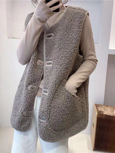 Faux Lambswool Γιλέκο Vintage Αμάνικο Ζακέτα Ανοιξιάτικο Φθινόπωρο Γυναικεία Μπουφάν Y2k Μπλουζάκια Κορεατικά παλτό μόδας Oversized Harajuku